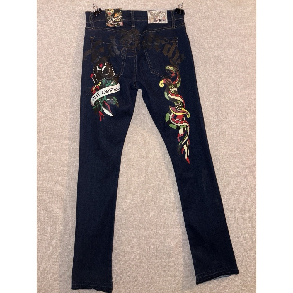 (NEW) MENS ED HARDY THE CORPS KNIFE SNAKE BOOTCUT DENIM JEANS SIZE 28 UNHEMMED